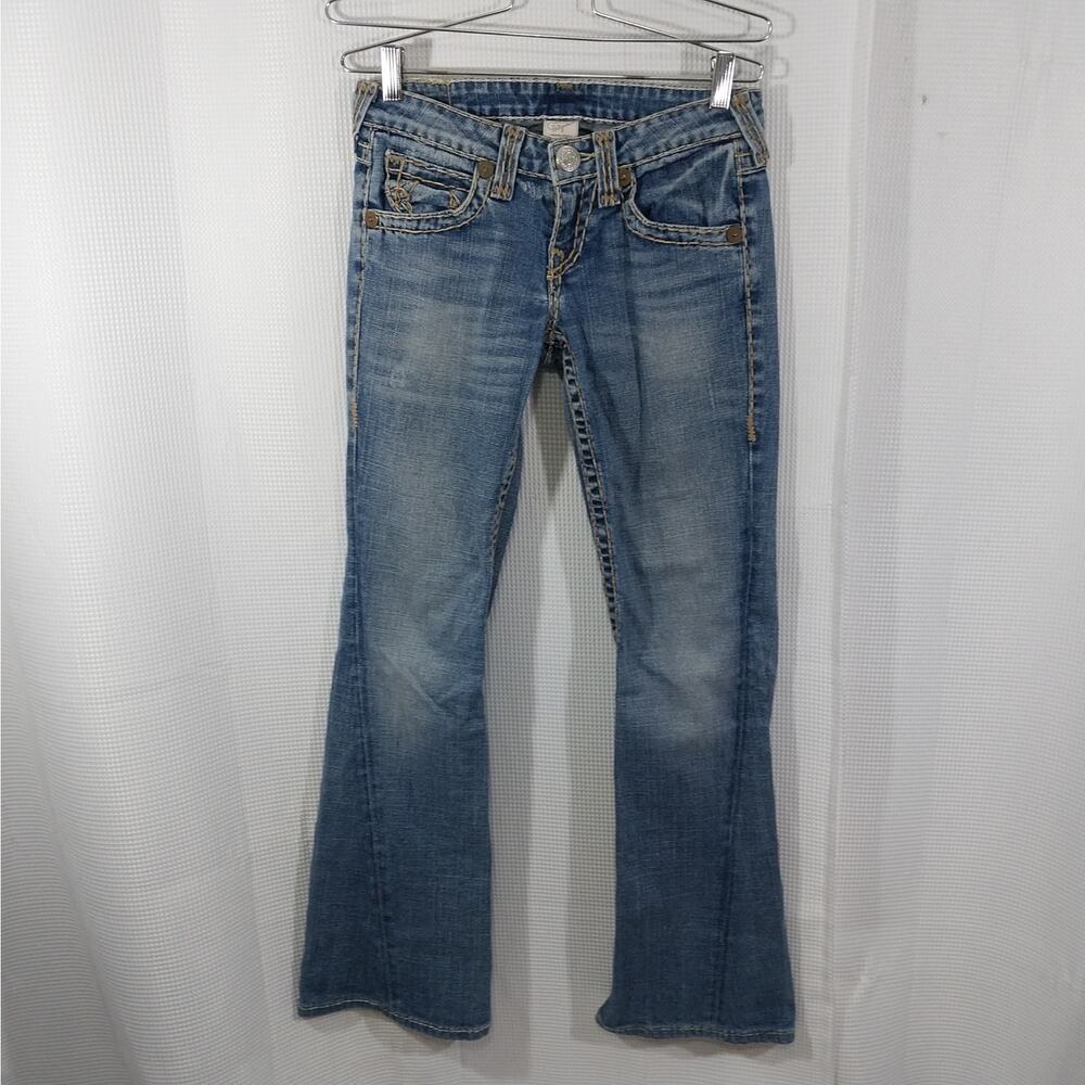 TRUE RELIGION! AWESOME BLUE FADE DENIM, CONTRAST STITCH FLAP POCKET JEANS!SZ 4/6 - Picture 3 of 16